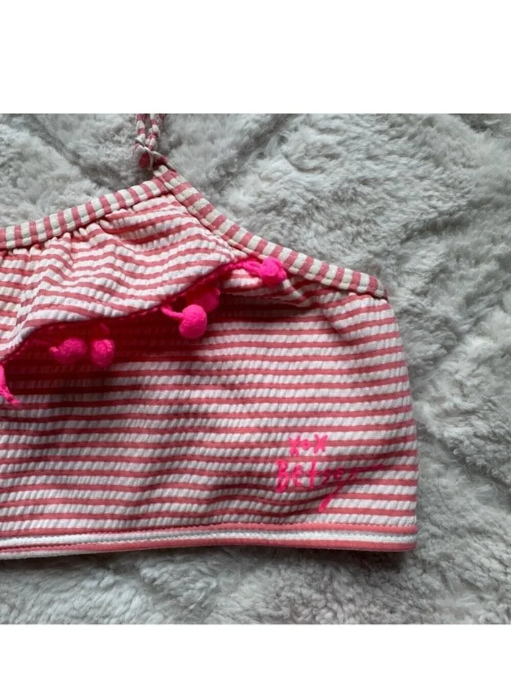 Betsey Johnson | Pink And Cream Seersucker Pompom Trimmed Bikini Set | Size 12